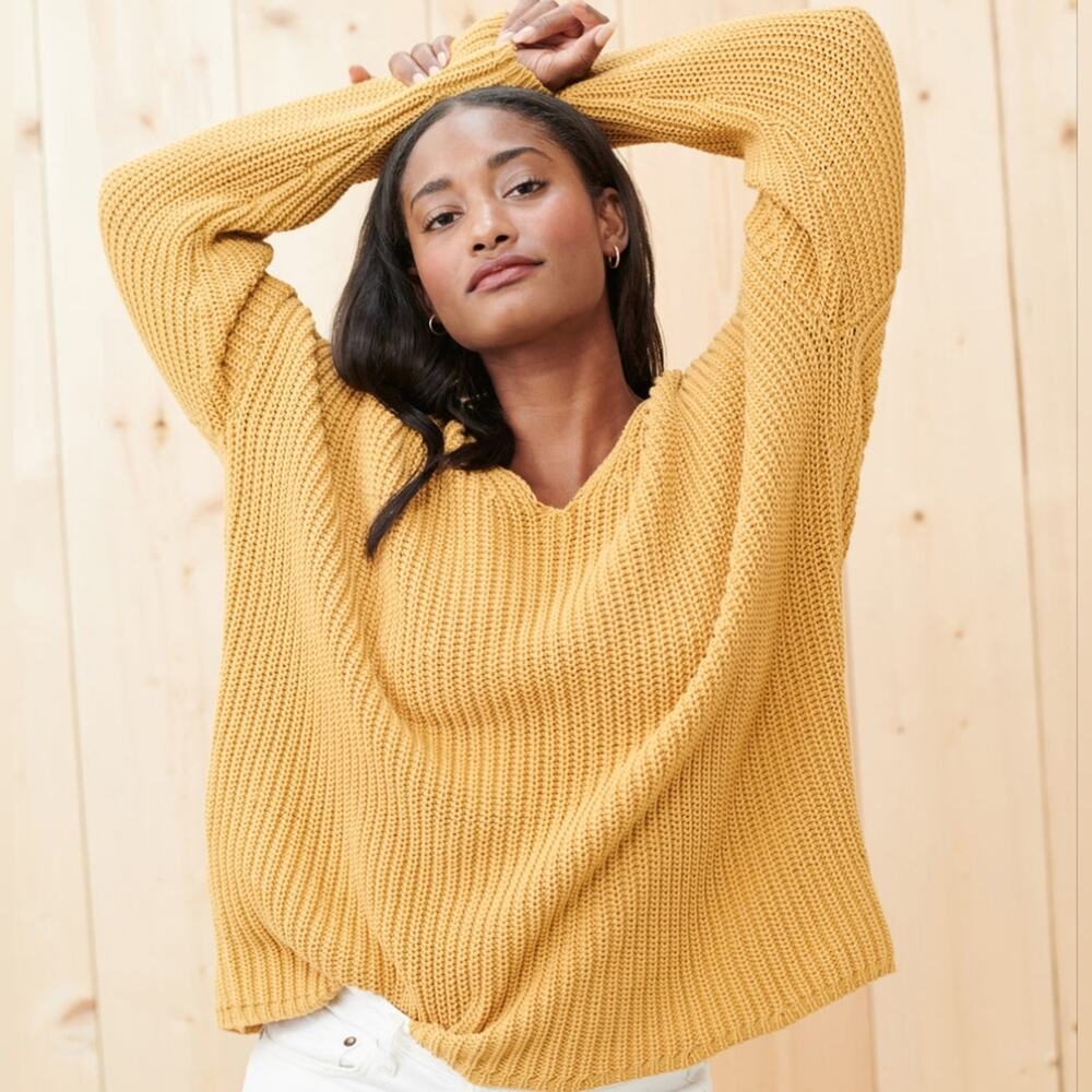 Jenni Kayne Mustard Yellow Gold Cotton Cabin Knit Casual Comfy Sweater Size XXS